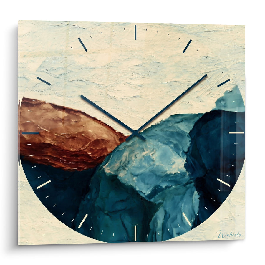 Tableau Horloge murale bleu pétrole et terracotta texturée - Collision minérale - Edition Horloge