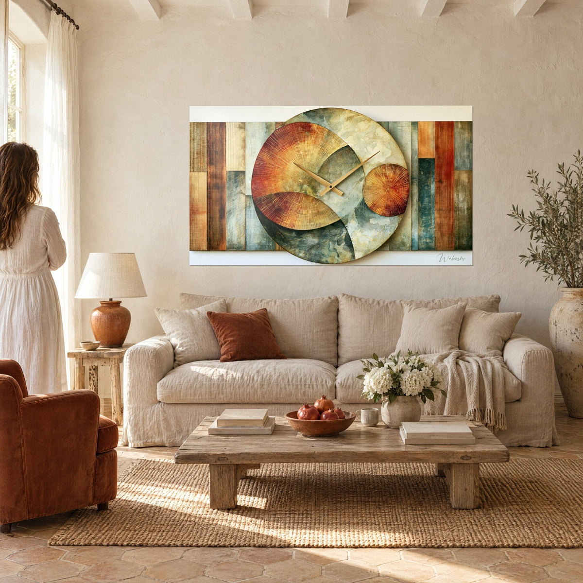 Wall art abstract clock with ochre and sage discs, green and rust wooden slats, above a sofa in a bright living room