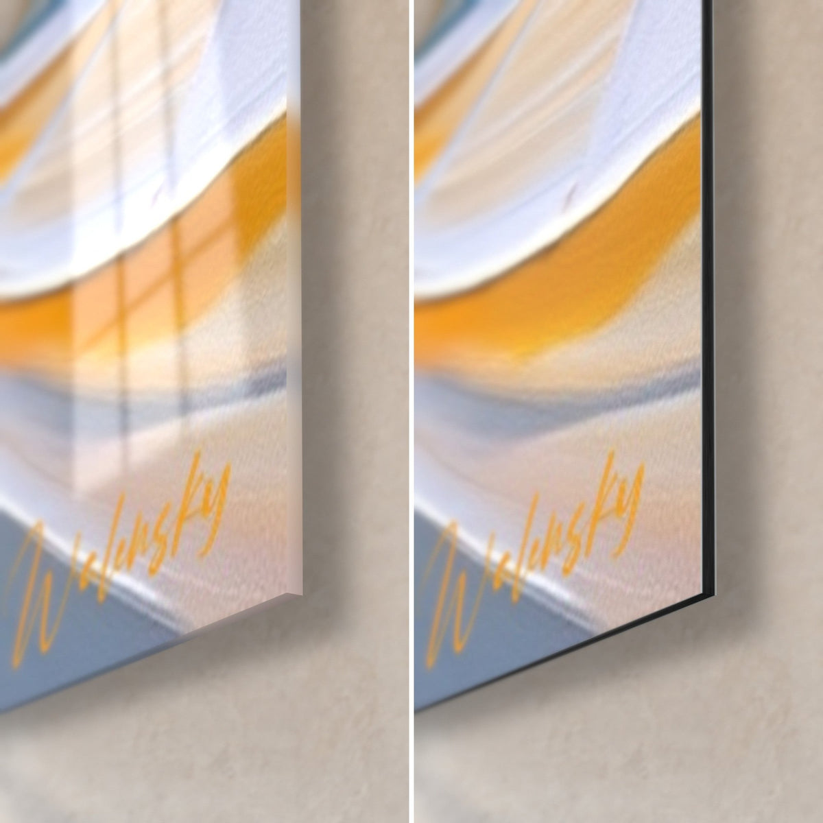 Wall art clock in blue and gold, lower right corner: glossy acrylic glass on the left, matt white Dibond on the right, 3 mm black edge