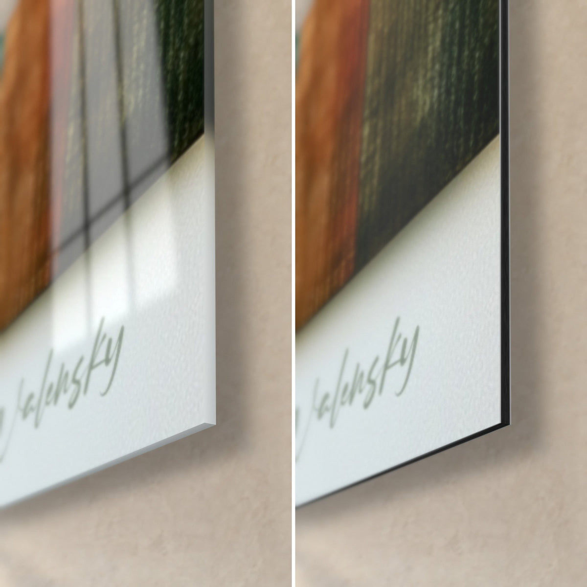 Wall art abstract pendulum clock in ochre and sage, bottom right corner: glossy acrylic glass on the left, matte black Dibond on the right, slim edge