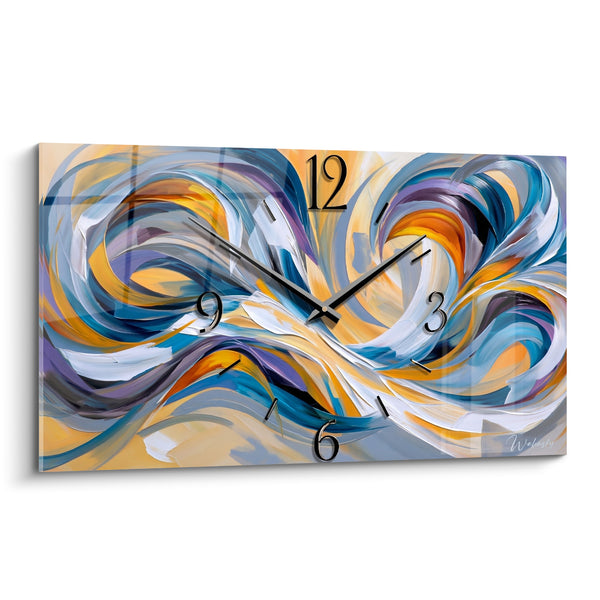 Wanddecoratie Klok abstracte blauwe en oker wervelingen - Levendige maalstroom - Horloge Editie
