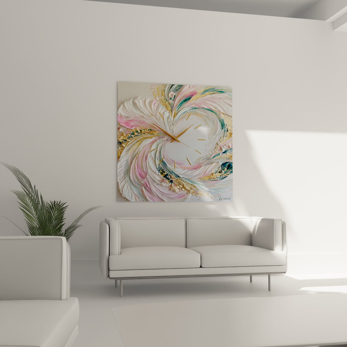Horloge tourbillon blanc nacré et rose, accrochée au-dessus d'un canapé dans un salon lumineux