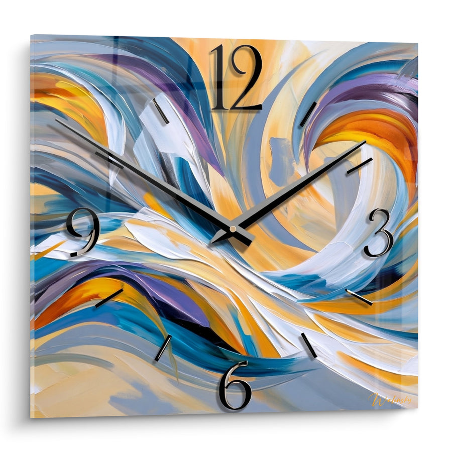 Tableau Horloge bleu et doré tourbillons peints - Souffle tourbillonnant - Edition Horloge