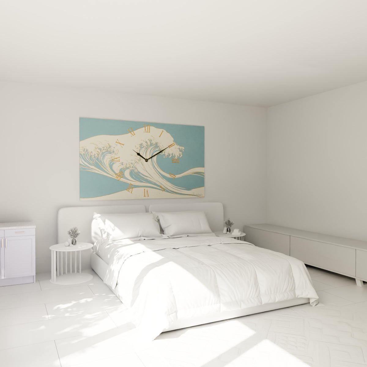 Écume ivoire et bleu ardoise sculptant une vague au-dessus d'un lit dans une chambre claire