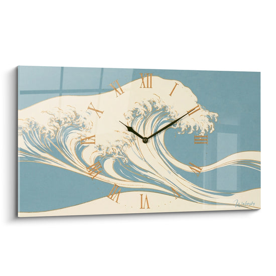 Tableau Vague japonaise bleue et ivoire dorée - Souffle marin - Edition Horloge