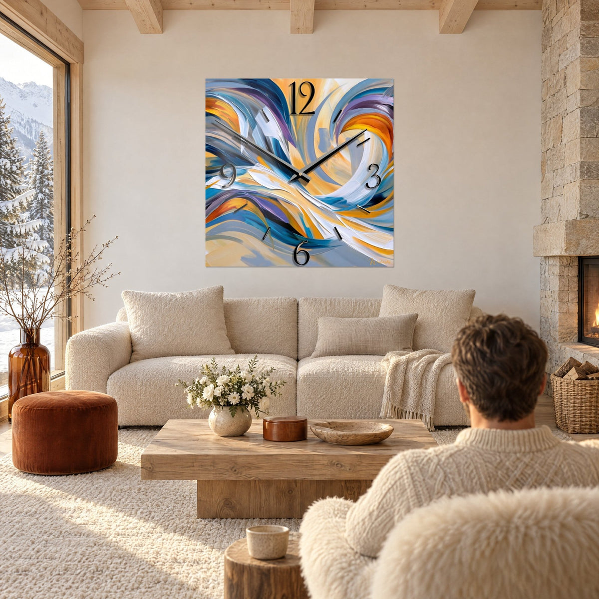 Wall art clock with swirls painted in cobalt blue and golden ochre, black numerals, person seen from behind above a sofa in a bright living room