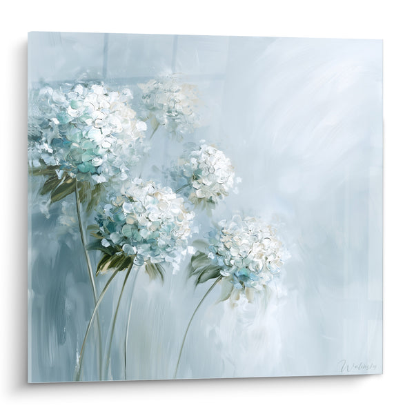 Tableau Hortensias blancs sur fond bleu poudré - Brume printanière - Edition Hortensia