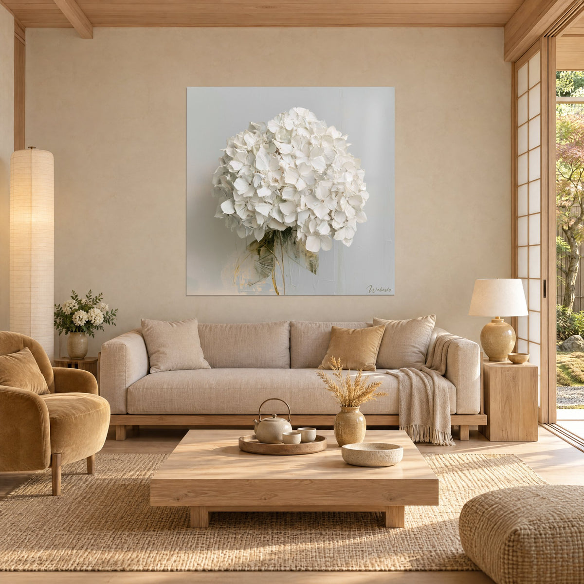 Wall art white hydrangea with thick, textured petals, pearl grey background and gold accents, hung above a sofa in a bright living room