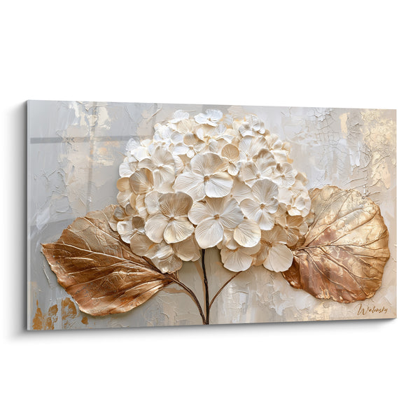 Tableau Hortensia blanc et doré aux feuilles texturées - Éclat automnal figé - Edition Hortensia