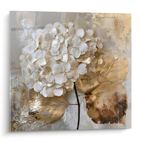 Tableau Hortensia blanc aux feuilles dorées texturées - Éclosion dorée - Edition Hortensia
