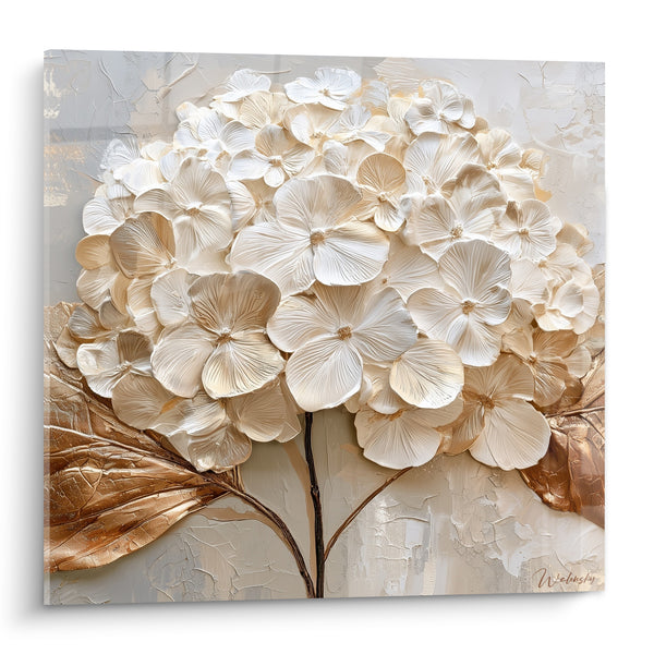 Tableau Hortensia blanc aux feuilles dorées - Éclosion nacrée - Edition Hortensia