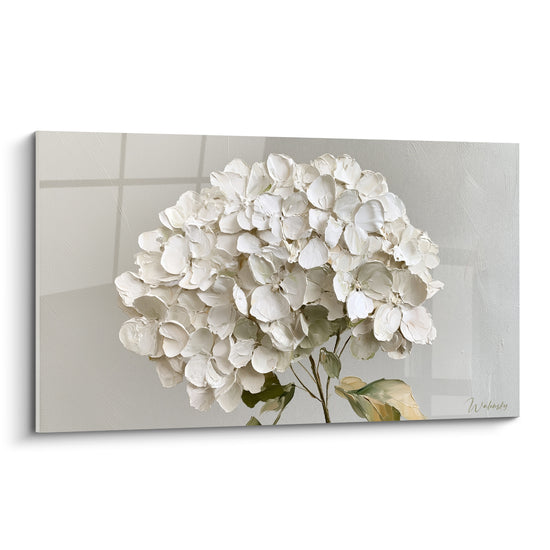Hortensia blanc en pleine floraison, pétales texturés sur fond gris perle et beige