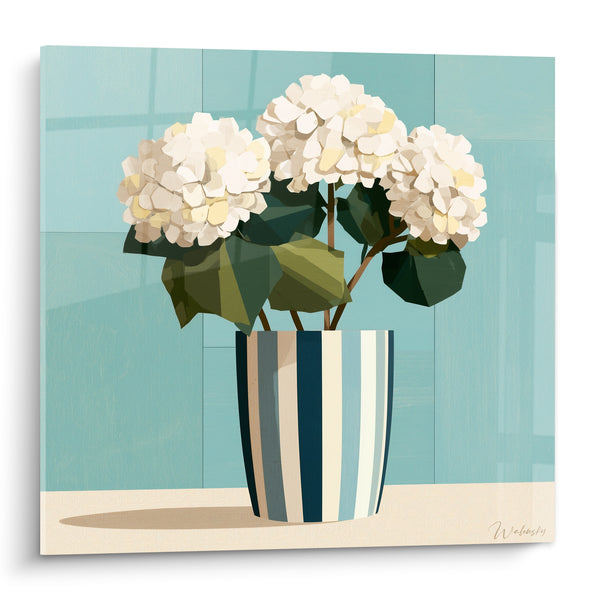 Tableau Pot rayé bleu et beige aux feuilles anguleuses - Fond turquoise cloisonné - Edition Hortensia