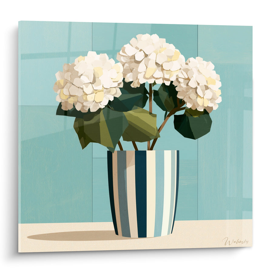 Tableau Pot rayé bleu et beige aux feuilles anguleuses - Fond turquoise cloisonné - Edition Hortensia