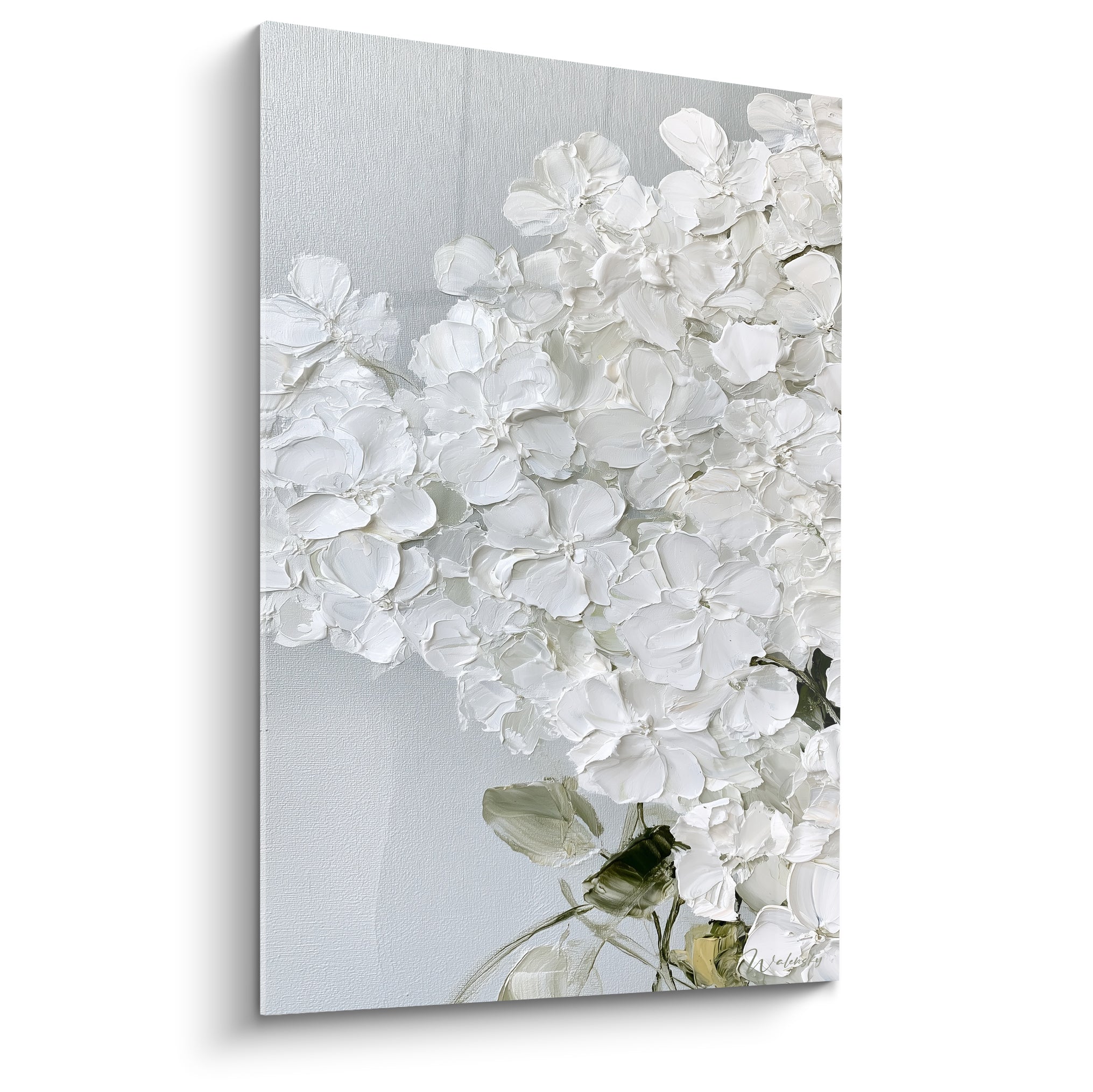 Hortensia blanc aux pétales épais sculptés sur fond gris perle texturé et lumineux