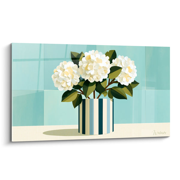 Tableau Vase rayé bleu et crème sur fond turquoise - Carrelage vitré pâle - Edition Hortensia