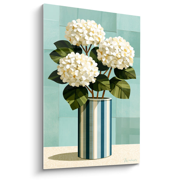 Tableau Hortensias blancs vase rayé bleu - Fraîcheur estivale - Edition Hortensia