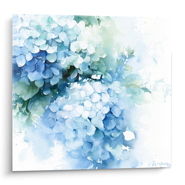 Tableau Ombelle bleue et blanche aux contours estompés - Éclaboussures aquarelle délavées - Edition Hortensia
