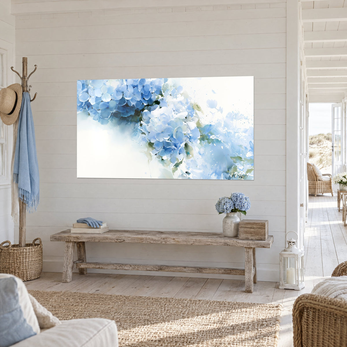 Wall art with a bouquet of azure and pearly white umbels, watercolour splashes on a light background, in a seaside home