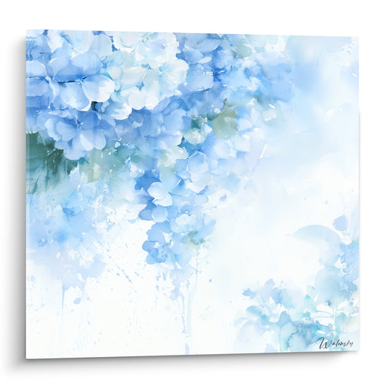 Hortensias bleu ciel et blanc en aquarelle, grappe florale avec coulures et éclaboussures picturales
