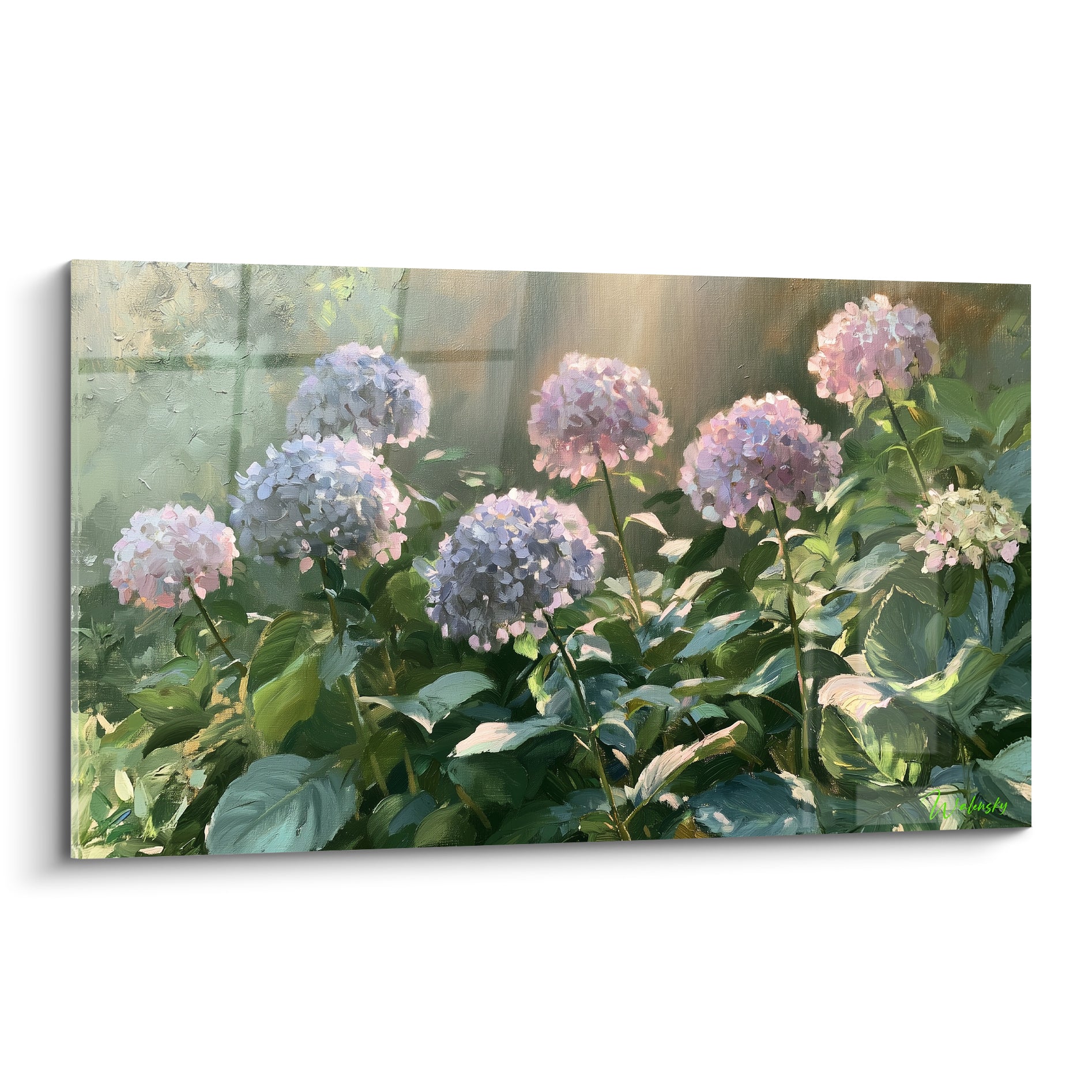 Hortensias bleu lavande et rose poudré peints en larges touches sur fond doré lumineux