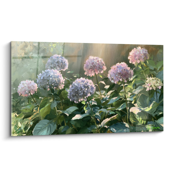Tableau Ombelles mauves et roses au rayon lumineux - Massif de feuillages sombres - Edition Hortensia
