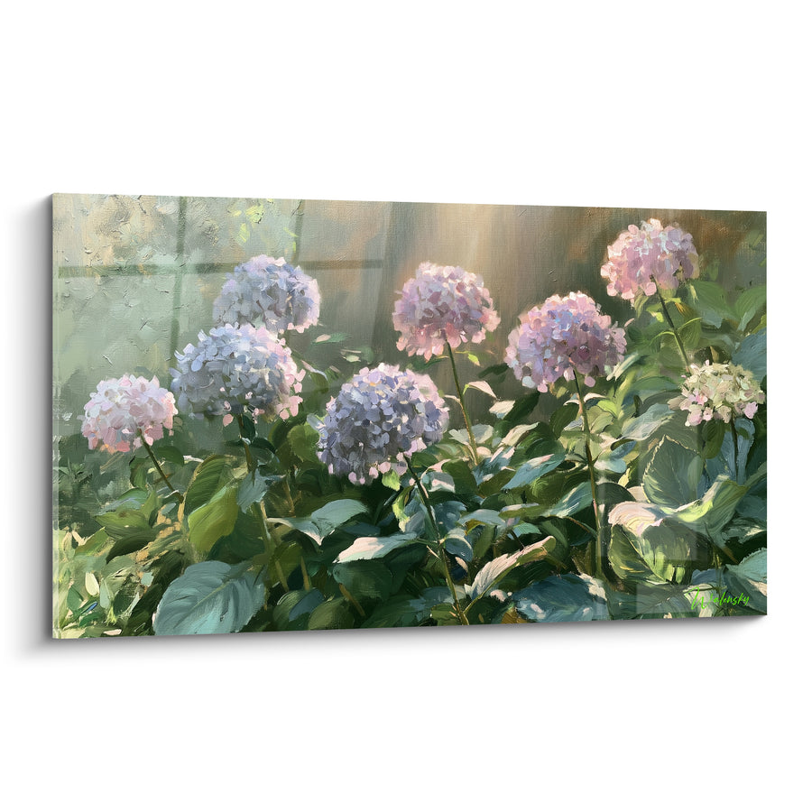 Tableau Ombelles mauves et roses au rayon lumineux - Massif de feuillages sombres - Edition Hortensia