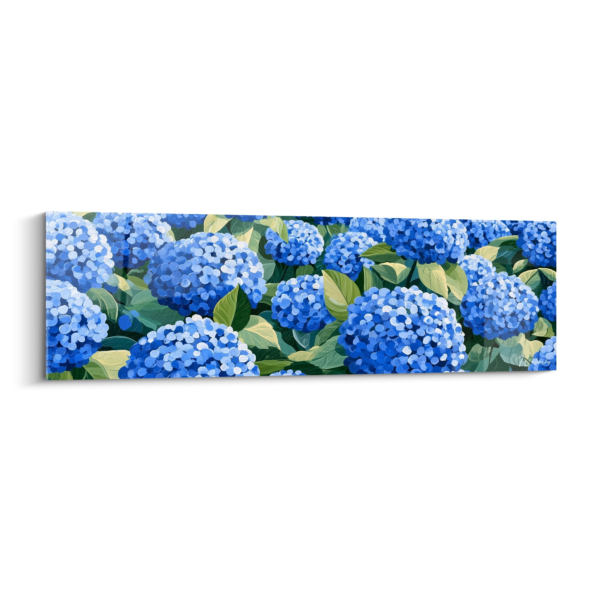 Hortensias bleu marine et bleu ciel en grappes denses, feuillage vert sauge, style pointilliste