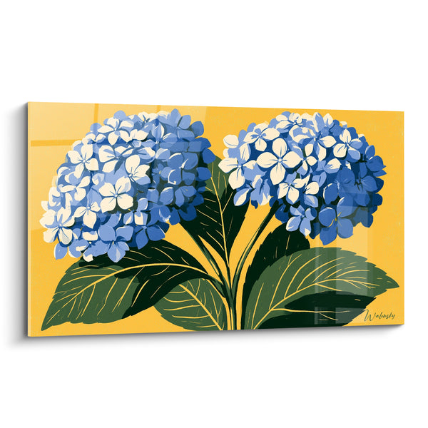 Tableau Ombelles bleues et jaunes aux nervures dorées - Feuilles vert sombre nervurées - Edition Hortensia