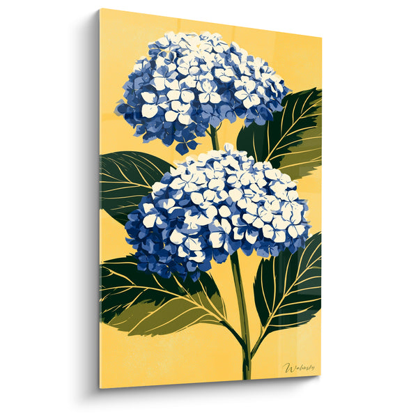 Tableau Ombelles bleues et blanches sur fond safran - Feuilles à nervures dorées - Edition Hortensia