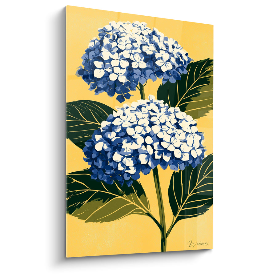 Tableau Ombelles bleues et blanches sur fond safran - Feuilles à nervures dorées - Edition Hortensia