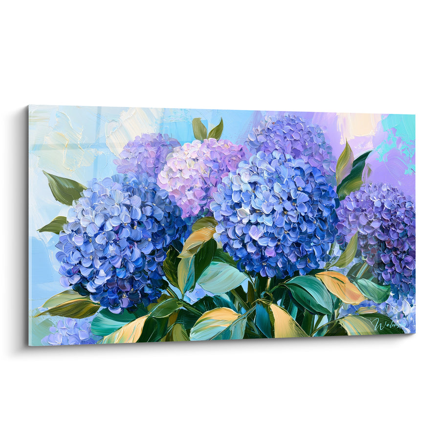 Tableau Ombelles bleues et mauves aux feuilles panachées jaune - Bouquet en pleine lumière - Edition Hortensia