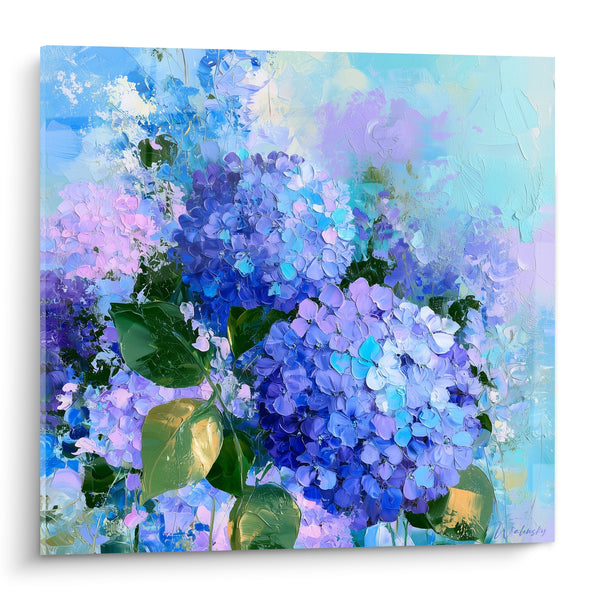 Tableau Hortensias bleus et mauves aux feuilles dorées - Fraîcheur de jardin - Edition Hortensia
