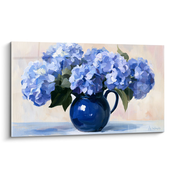 Tableau Cruche bleu marine et blanc au bouquet généreux - Reflet lumineux sur la panse - Edition Hortensia