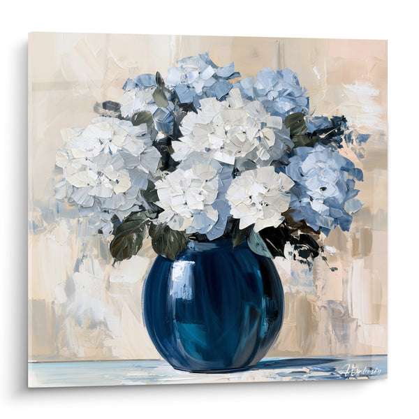 Tableau Vase bleu marine et blanc au bouquet dense - Fond beige texturé - Edition Hortensia