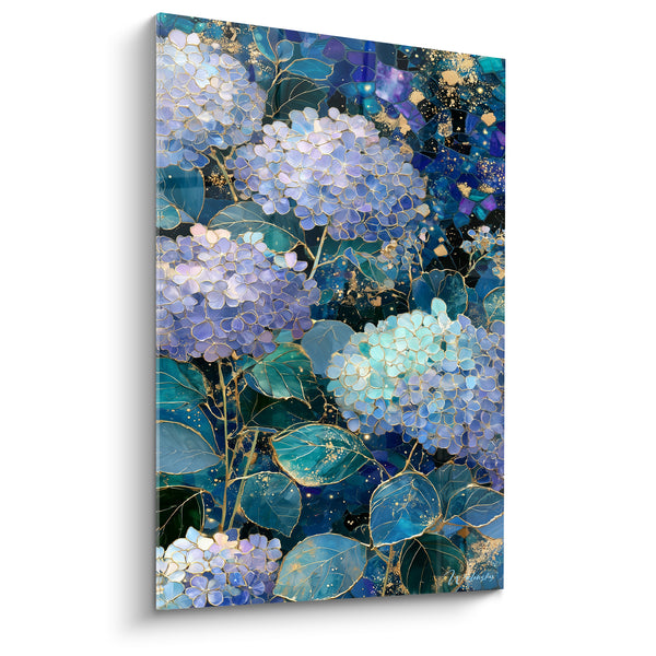 Tableau Hortensias bleus et dorés en fleurs - Jardin nocturne étoilé - Edition Hortensia