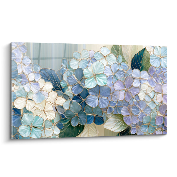 Tableau Hortensias bleus et ivoire cerclés d'or - Rosée du matin - Edition Hortensia