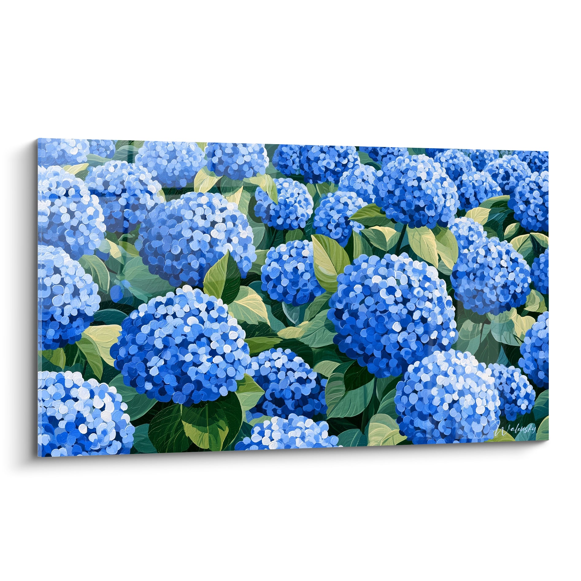 Massif d'hortensias bleu profond et vert sauge peint avec des touches rondes et lumineuses