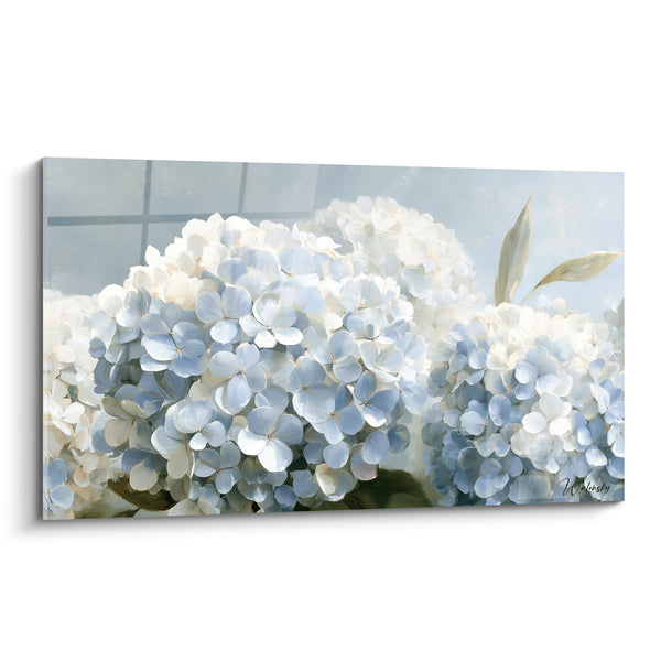 Tableau Ombelles bleu pâle et blanches aux pétales veloutés - Feuilles pointues effilées - Edition Hortensia