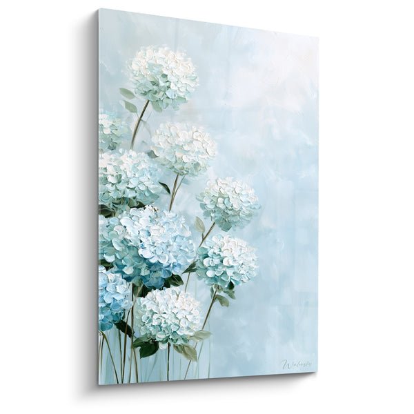 Tableau Ombelles blanches et bleu pâle aux tiges élancées - Bouquet sur fond céladon - Edition Hortensia