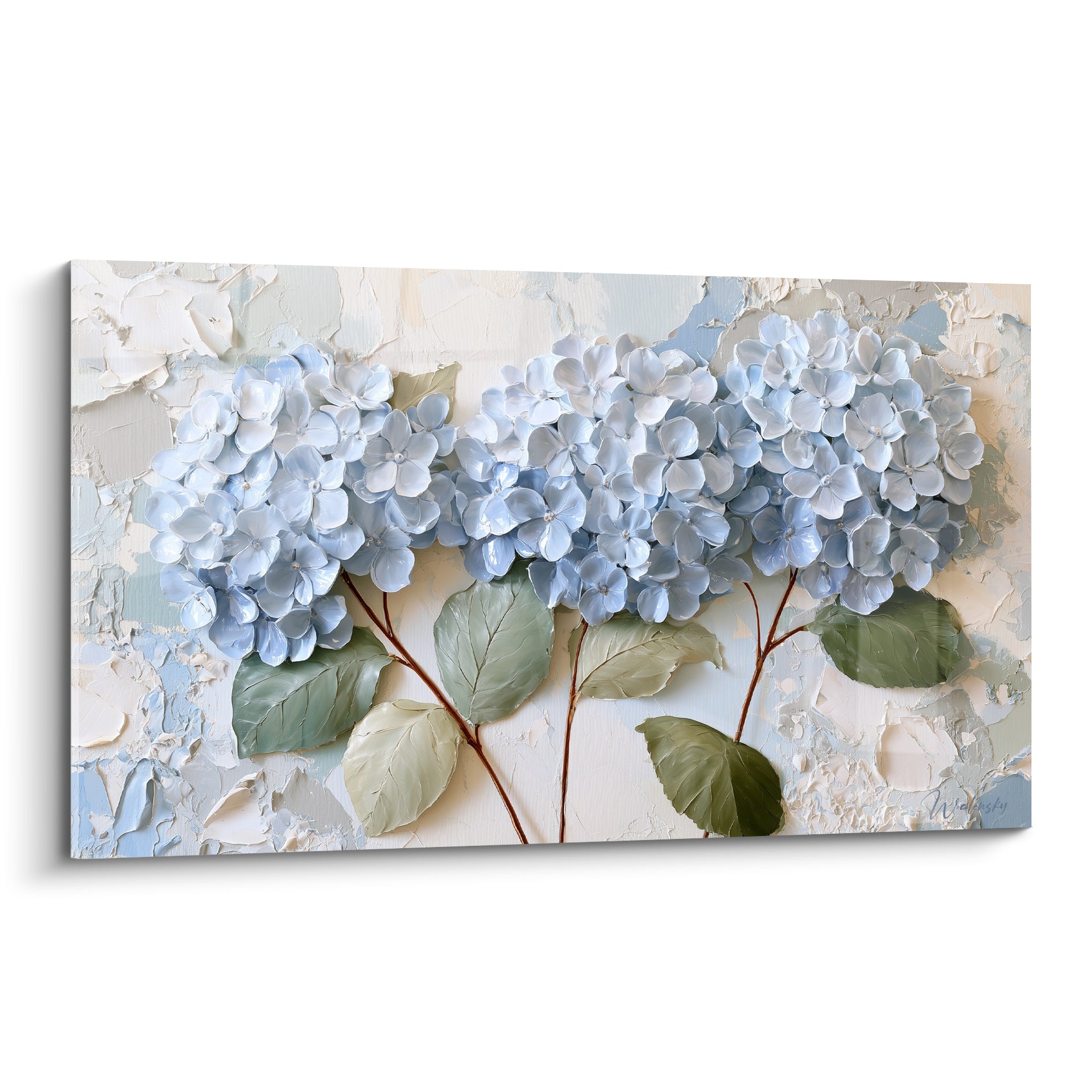 Hortensia bleu pastel et vert sauge en relief épais sur fond crème craquelé texturé