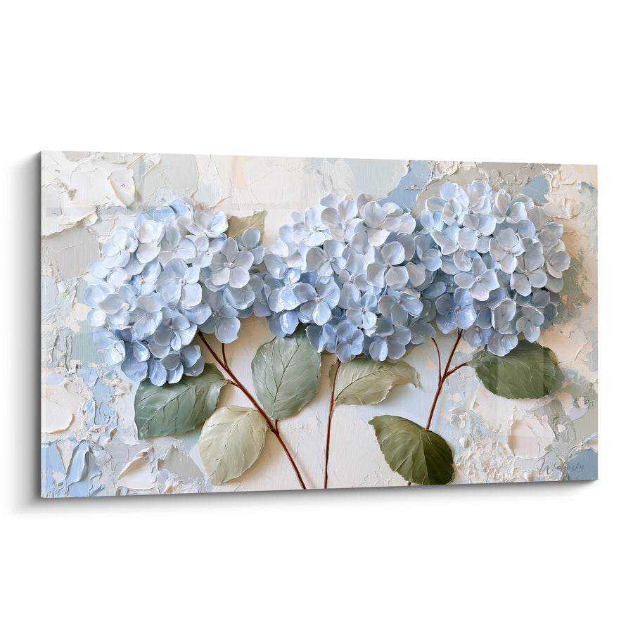 Tableau Ombelles bleu poudré et vert amande sur enduit craquelé - Tiges brunes ramifiées - Edition Hortensia