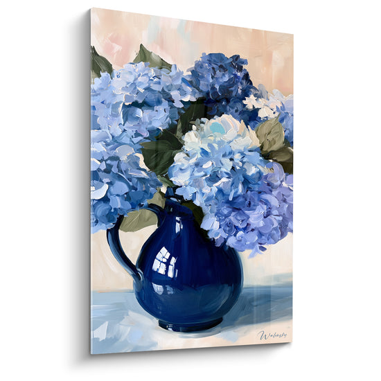 Tableau Cruche bleu marine et blanc au bouquet ample - Reflets sur porcelaine émaillée - Edition Hortensia