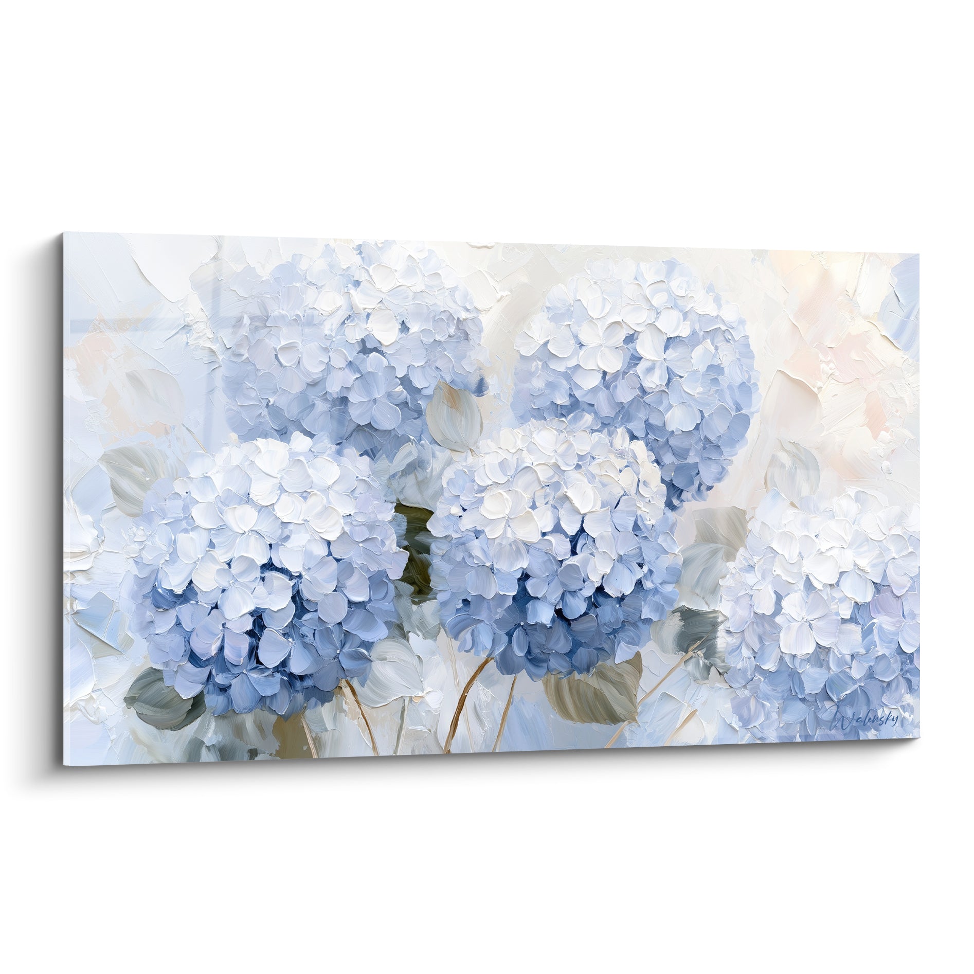 Hortensias bleu poudré et blanc cassé en gros bouquets peints à l'huile épaisse