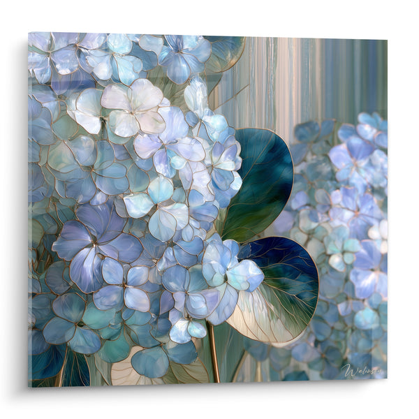 Tableau Ombelle bleue et blanche aux pétales vitrifiés - Nervures cernées d'or - Edition Hortensia
