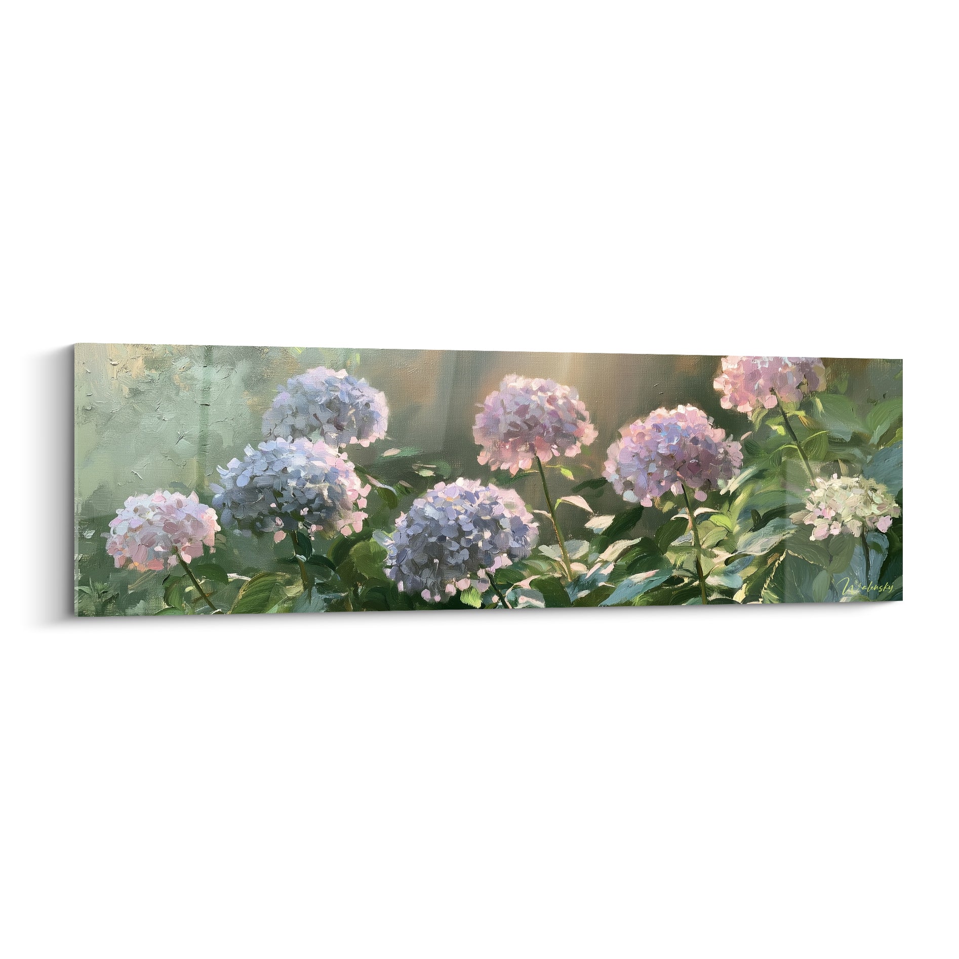 Hortensias bleus et roses peints en pleine floraison, touches empâtées et fond lumineux doré