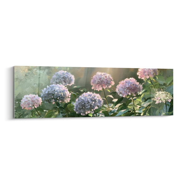 Tableau Hortensias bleus et roses en massif - Matin au jardin - Edition Hortensia