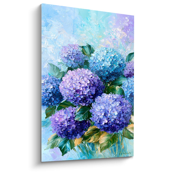 Tableau Ombelles bleues et violettes aux feuilles vertes - Empâtements au couteau - Edition Hortensia