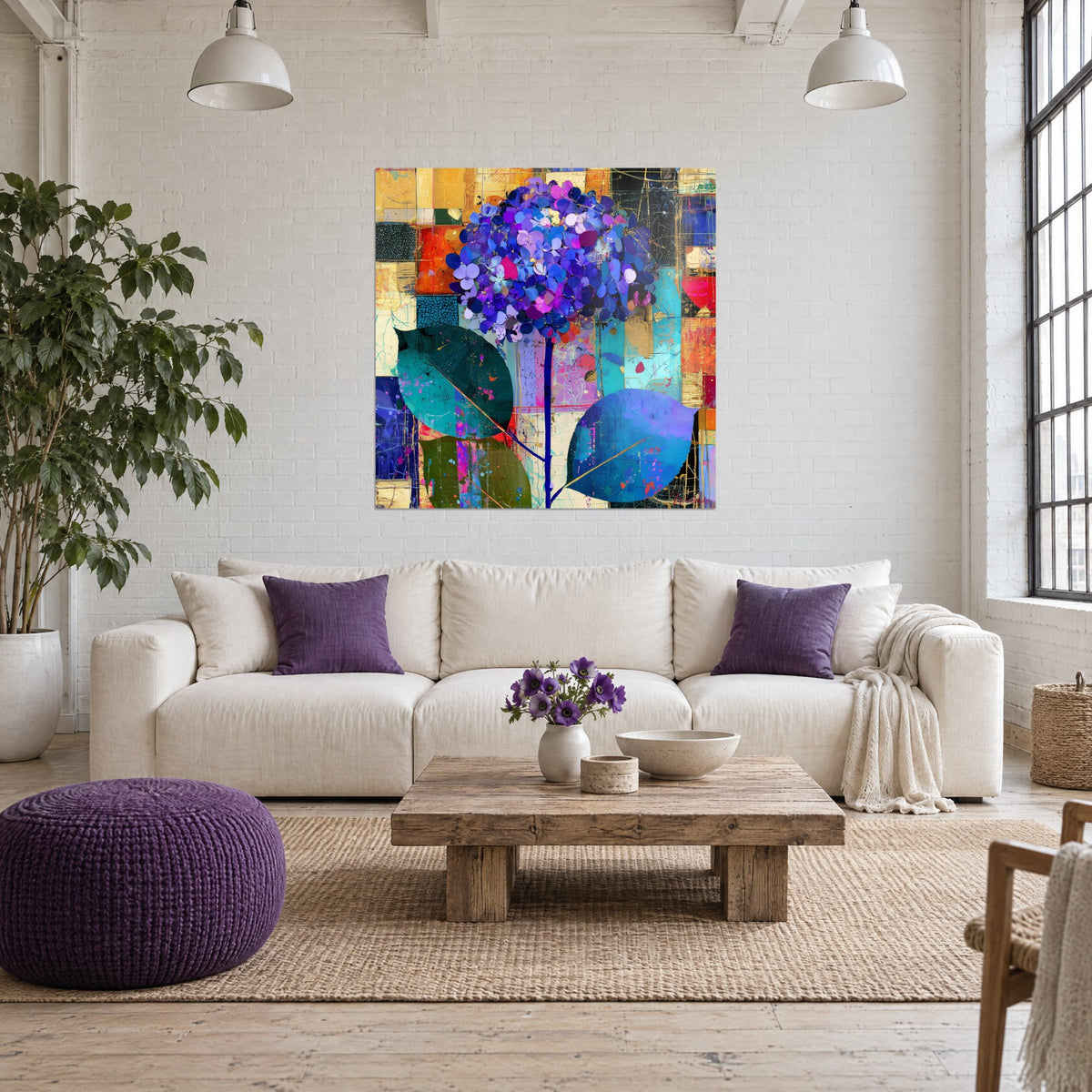 Wall art of blue and violet hydrangea pompoms on an orange and turquoise patchwork, above a sofa in a bright living room