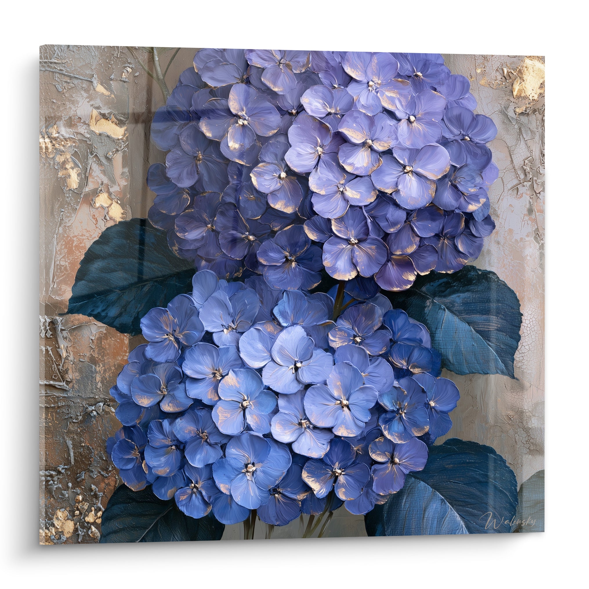 Hortensia bleu et violet aux touches dorées, bouquet peint sur fond patiné bronze